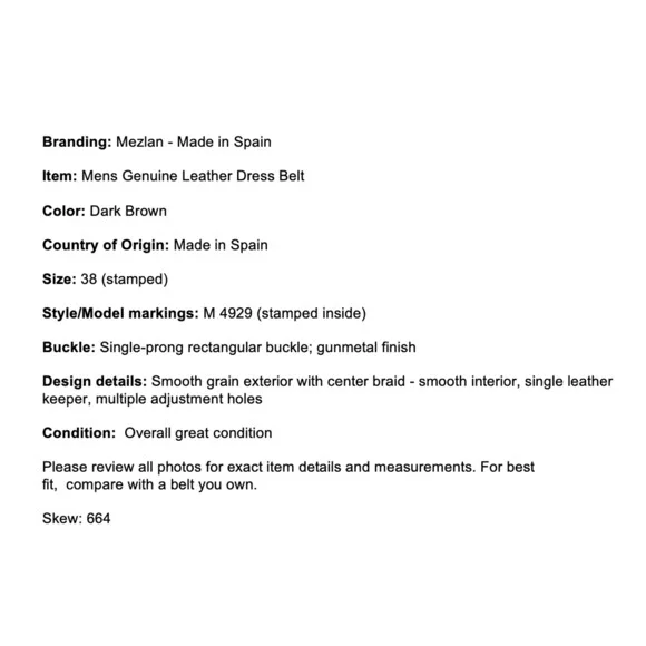 Mezlan Spain 38 Mens Leather Dress Belt Dark Brown Belt Gunmetal Tone Buckle - Picture 2 of 14